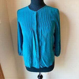 MADEWELL Silk Top Ballad Aqua Teal Pleated Blouse 100% Pure Silk 3/4 Sleeves